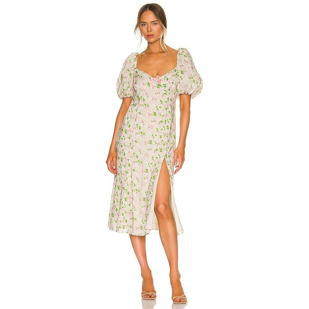 LPA Hartley Floral Puff Sleeve Midi Dress Cream Pink Roses NWT Large